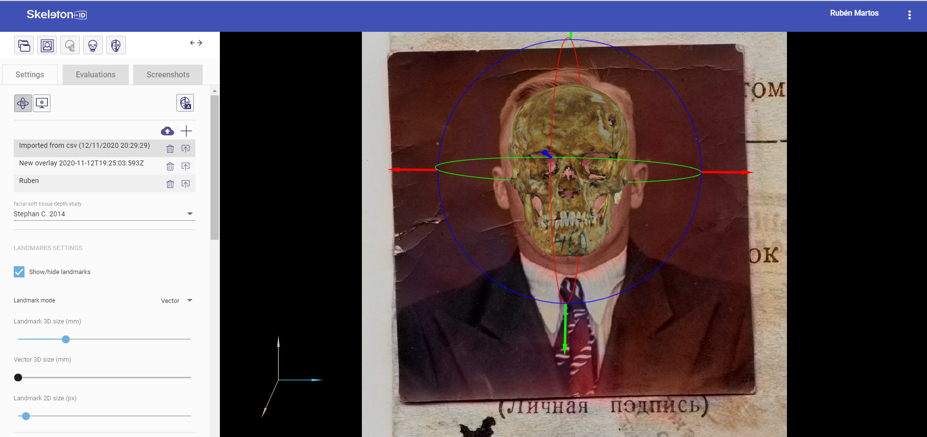 Skull-face overlap scene showing the performance of a manual overlap with the roto-translation widget activated